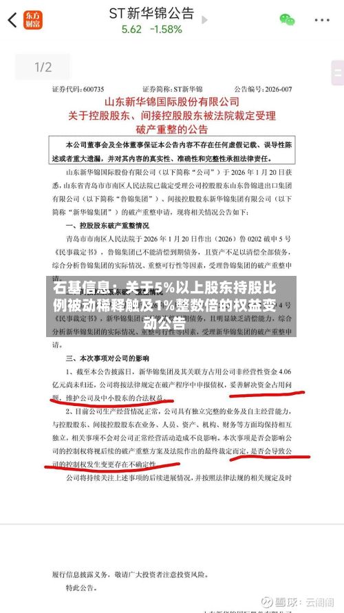 石基信息：关于5%以上股东持股比例被动稀释触及1%整数倍的权益变动公告
