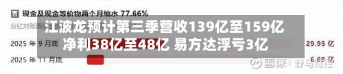 江波龙预计第三季营收139亿至159亿 净利38亿至48亿 易方达浮亏3亿
