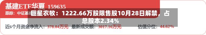 巨星农牧：1222.66万股限售股10月28日解禁，占总股本2.34%